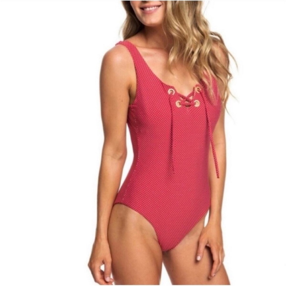 Roxy Women's Red Polka Dot Scoop-Neck Lace-Up One Piece Swimsuit